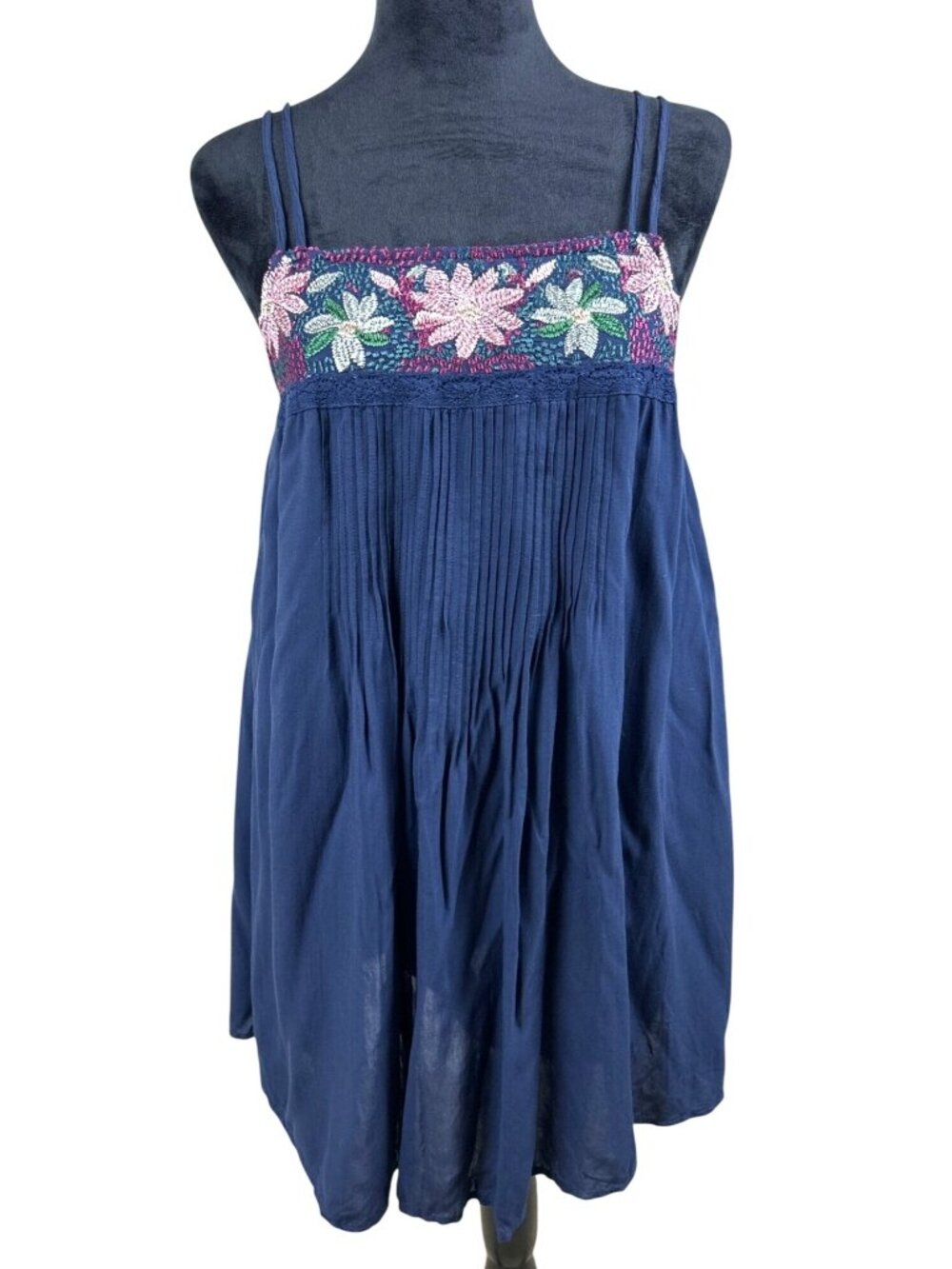 AE Embroidered Floral Boho Mini Dress Sz S Navy Blue Flowy Spaghetti Strap Chic